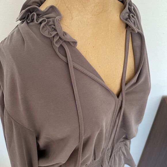Rebecca Taylor taupe light brown long sleeve ruched vneck blouse tie ruffles EUC - Picture 5 of 11